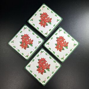 Atico International Vintage Poinsettia And Holly Cork Back 4 Pack Of Coasters